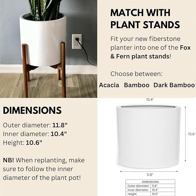 Fox & Fern Large 12 Inch Planter — Premium Lightweight Fiberstone Glossy White Plant Pot; Drainage Plug; Large Indoor & Outdoor Floor Planter; 12 Inch Pots for Plants; Weather Resistant & UV Resistant