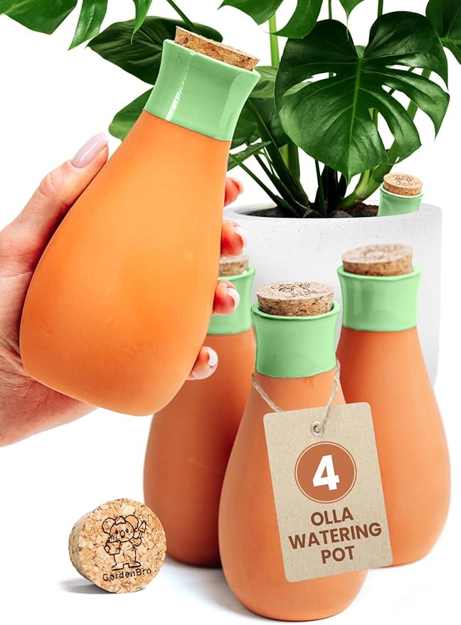 4 Pcs Ollas Terracotta Watering Pots Large- 14 Oz Self Watering Planter Insert Olla Watering System For 1-week Easy To Refill - Clay Plant Watering Globes For Outdoor & Indoor Plants [4, Green]