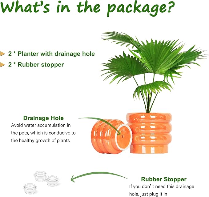 7.8 Inch + 5.7 inch 2 pcs Ceramic Plant Pots for Indoor Plants, Rainbow Pearl Glaze Planter with Planters for Plants with Drainage Hole, Orchid Pots, Succulent Pot, Flower Pot (Orange)