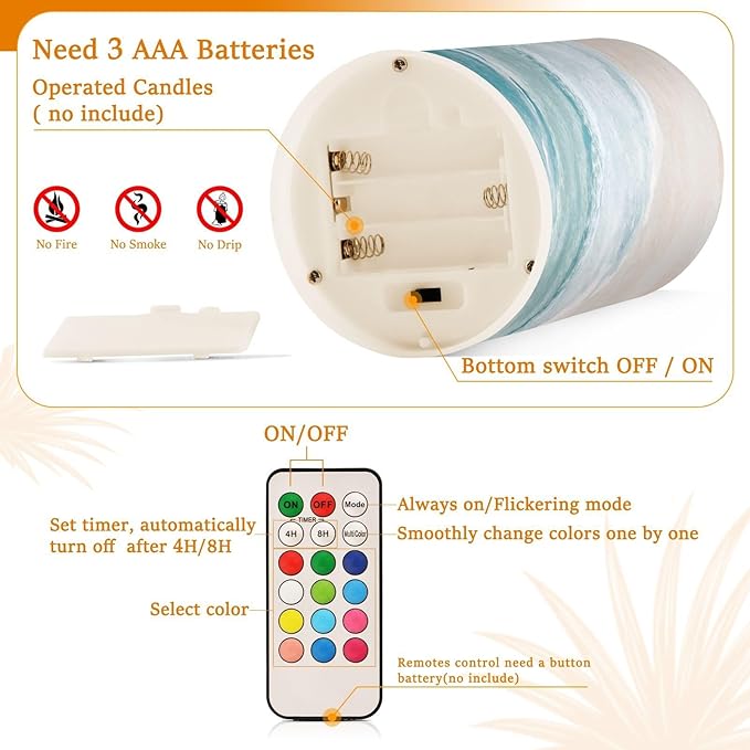 Flickering Flameless Candles, Bohemian Beach LED Candles with Remote Timer, Set of 2 Battery Operated Candle for Valentine Wedding Birthday