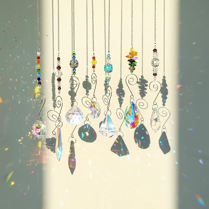 7PCS Crystal SunCatchers Hanging Sun Catcher with Colorful Beads Prism Chain Pendant Christmas Ornament, Window Home Wall Tree Cars Hanging Decoration