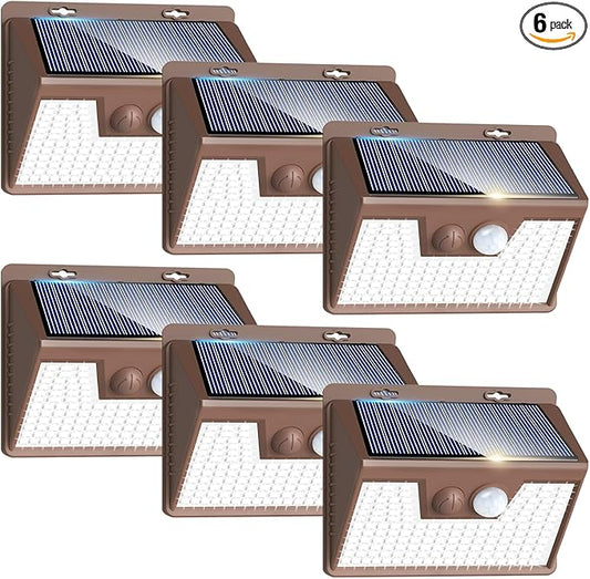 Peasur Solar Lights Outdoor Motion Sensor [6 Pack/140LED/Brown], Ultra-Bright 3 Mode Fence Security Light Waterproof, Solar Wall Lighting for Patio Yard Step House Outside