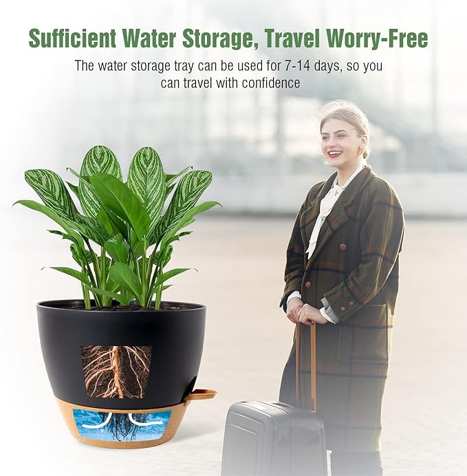 WOUSIWER 10 inch Self Watering Planters, 2 Pack Large Plastic Plant Pots with Deep Reservior and High Drainage Holes for Indoor Outdoor Plants and Flowers, Black with Terracotta