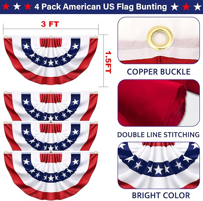 4 Pack USA Pleated Bunting Fan Flags, 1.5x3 Ft Patriotic Half Fan Banner American Flag Decoration Bunting for Outside Red White and Blue Decor Independence Day Memorial Day 4th of july Decorations