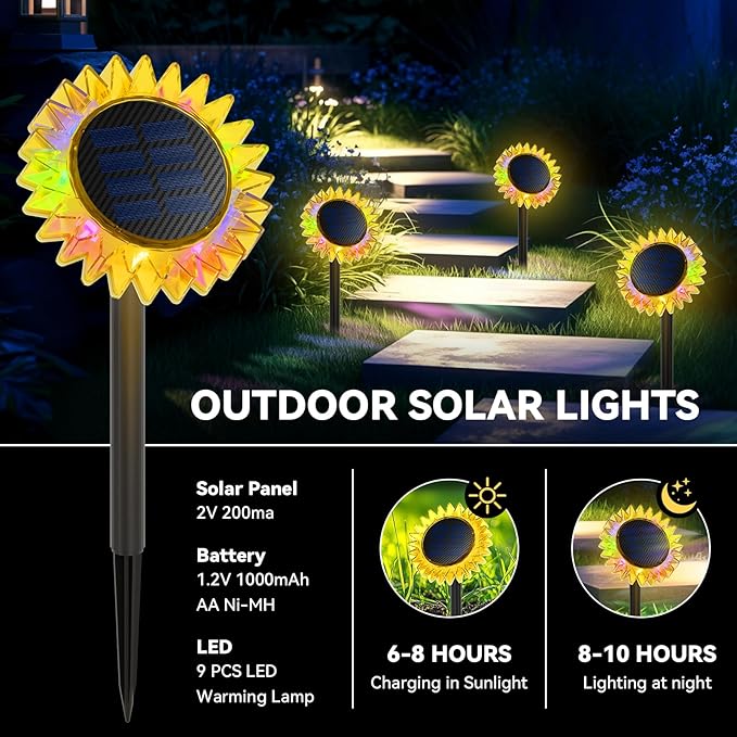 Outdoor Solar Lights, 6 Pack Led Solar Sunflower Lights, Stake/Wall 2-in-1 Waterproof Solar Garden Lights for Yard, Landscape, Fence, Patio, Driveway, Pathway, Backyard Decoration (Colourful)