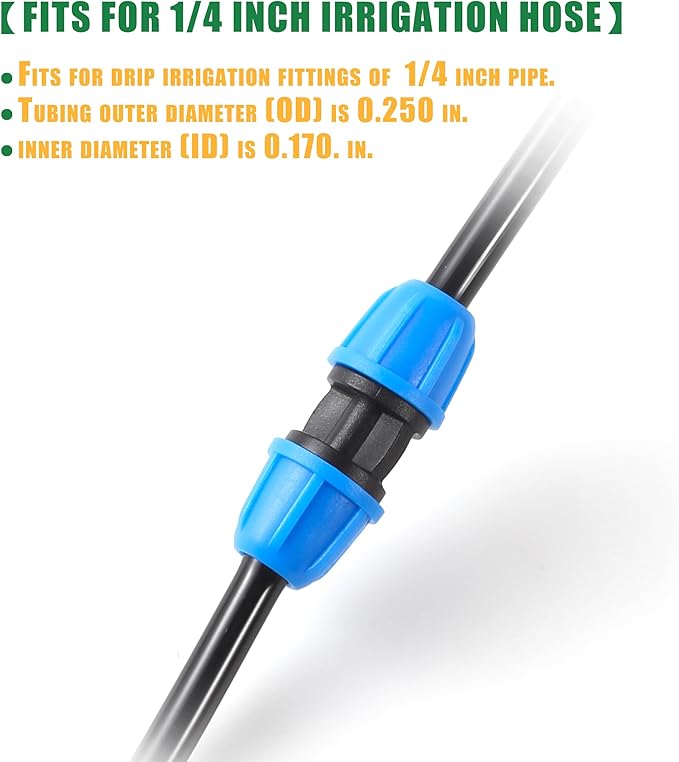1/4 inch Drip Irrigation Fittings, Lock Barbed Coupling for ¼ in. tubing; Tubing Outside Diameter (OD) is 0.250 in., Internal Diameter (ID) is 0.170. in.(25Pcs/Pack) (Blue-Coupling)