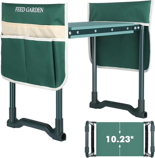 FEED GARDEN Garden Kneeler and Seat, Garden Stool with 10" Wide Soft Kneeling Pad, Heavy Duty Gardening Bench Chair with 2 Tool Pouches, Gardening Gifts for Women Seniors Women Mom Men, Green