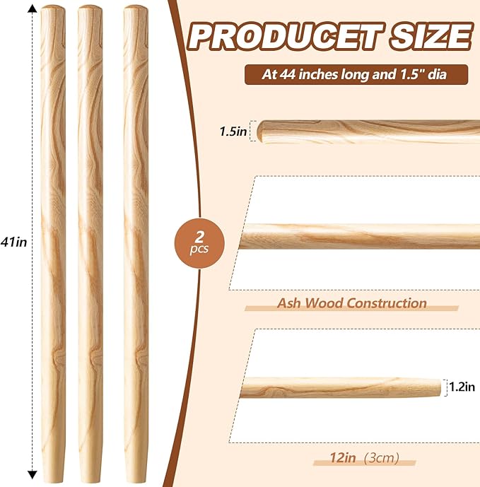 2 Pcs Wooden Shovel Handle Replacement 41" (104cm) for Long D Handle Shovels Garden Tool, 1-1/2" Diameter