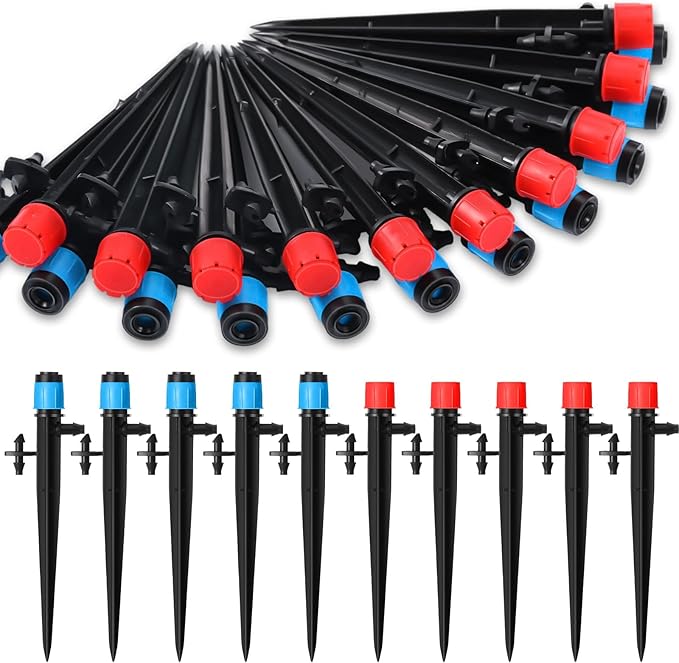 32 Pcs Drip Irrigation Emitters Drip Emitters for 1/4 Inch Tubing Irrigation Drippers Sprayer 360 Degree Water Flow Drip for Garden Flower Bed Irrigation System (Red and Blue,Double Hook)