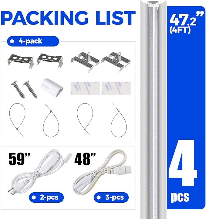 Barrina Full Spectrum LED Grow Light, 168W(4 x 42W), Grow Light Strips for Indoor Plant, 4FT Plant Grow Light, T8 Growing Lamp Fixture, Yellow, 4-Pack