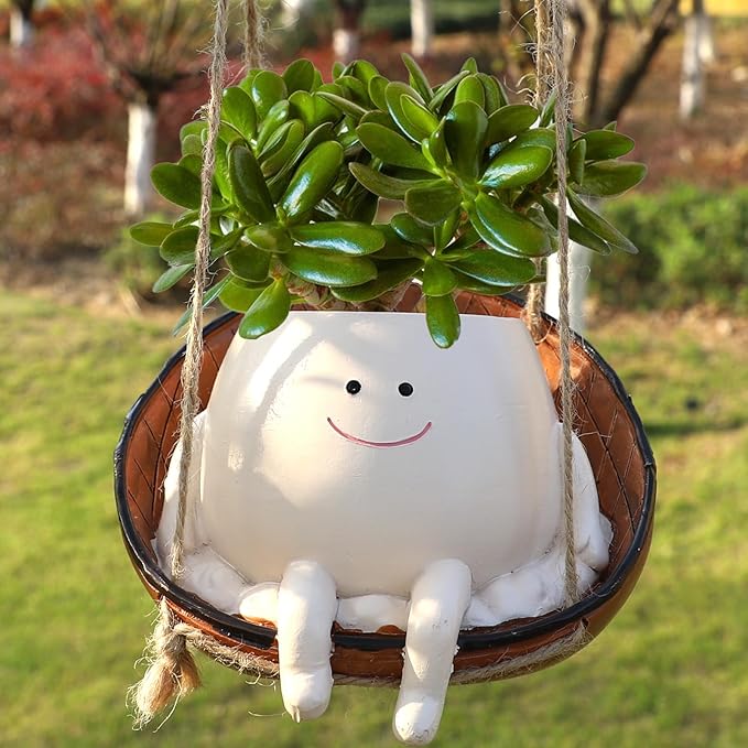 Small Swing Face Hanging Planter Pot for Indoor Outdoor Plants, Cute Swinging Plant Pot, Hanging Flower Pots, Face Planter Pot Head, Valentines Day Gifts for Her(Swing Basket)