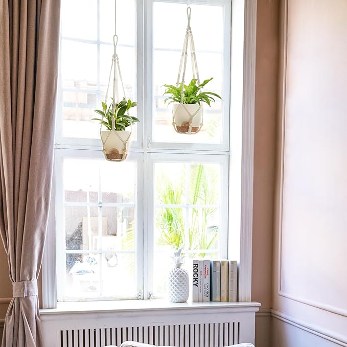 Mkono 6.5 Inch Hanging Planters, Macrame Plant Hangers with Self Watering Plant Pots Indoor Set of 2 Hanging Baskets Flower Pot Holders with Hooks No Tassels for Boho Home Decor, Ivory