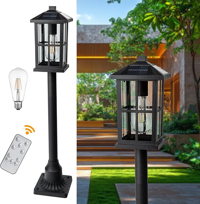 31" Solar Pathway Lights Outdoor, Dusk to Dawn Aluminum Lamp Post with Remote Control & Pole Mount Base - IP44 Waterproof, 3 Brightness Modes for Lawn, Patio, Driveway, Garden Decoration