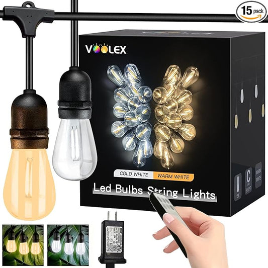 Voolex Outdoor String Lights 52FT Cold Light and Warm Light 2 Colors Changing Switch Waterproof 30V LED Bulbs Shatterproof with Remote Control for Party Patio Decoration Garden