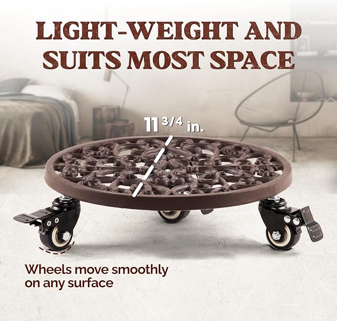 IDZO Capacity 350 lbs Plant Caddy with Wheels Heavy Duty Cast Iron Plant Stand with Lockable Wheels 12 Inch Classis Style Dark Brown