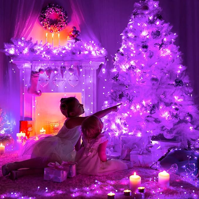JMEXSUSS Purple Christmas Lights Indoor Outdoor Clear Wire, 66ft 200 LED Purple Lights for Christmas Tree, 8 Modes Purple String Lights Plug in for Christmas Bedroom Garden Party Xmas Decorations