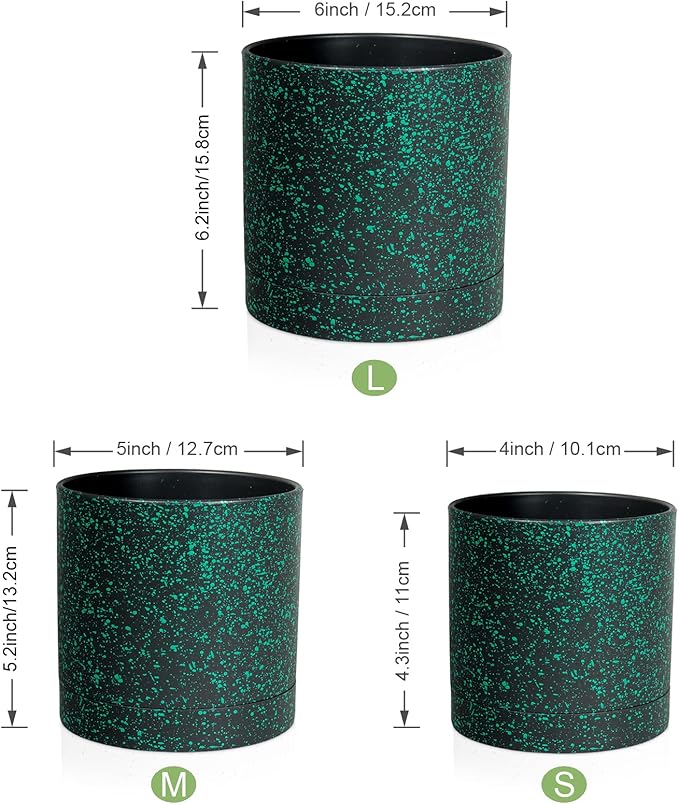 6/5/4 inch Plant Pots, 3 Pack Cylinder Flower Pots for Small Indoor Outdoor Plants, Plastic Planters with Drainage Holes and Saucers for Garden Succulent Plants, Black with Green Speckles
