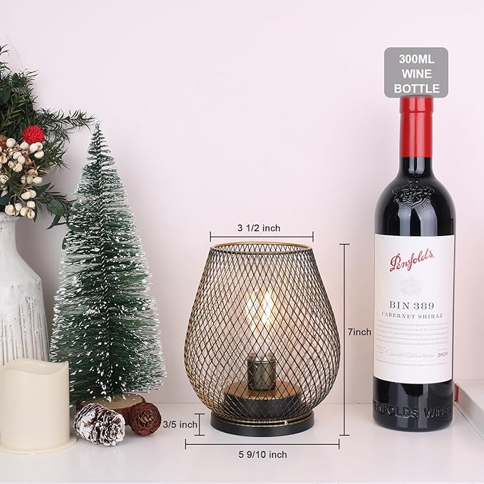 DECORKEY Set of 2 Battery Operated Lamp LED Table Lantern, Golden Metal Cage Cordless Lamps with LED Bulb，Vintage Decorative Outdoor Lantern for Weddings, Parties, Patio, Events for Indoor Shelf Decor