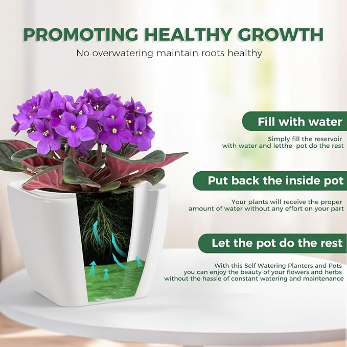 African Violet Pots, 6 Inch Self Watering Pot for Indoor Plants,Ceramic Self Watering Pots,Easy Plant Self Watering Planter for Busy Plant Lovers, Flower Pot with Absorbent Inner Pot - White