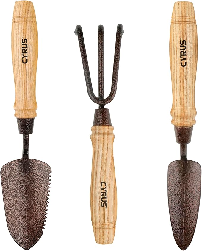 CYRUS Garden Tool Set,3 Piece Garden Shovel,Includes Hand Shovel, Transplanting Shovel and Hand Rake with Ash Wood Handle for Planting, Weeding, Maintaining Lawns and Gardens