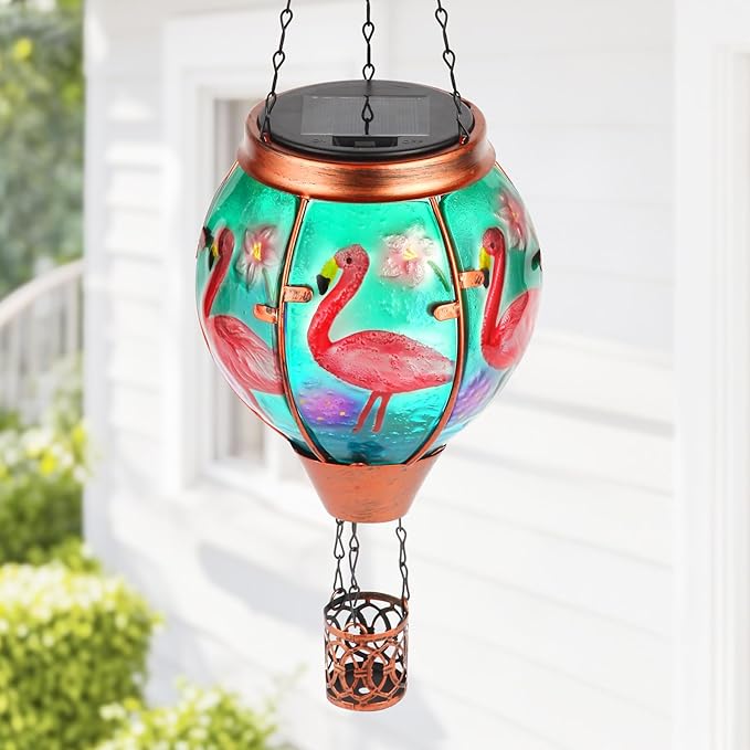 Flamingo Solar Hot Air Balloon Lantern,Outdoor Decor with Flame Lights Waterproof, Hanging for Garden Yard Lawn Patio, Unique Gifts for Women Mom Grandma Gardener for Mother'Day Christmas