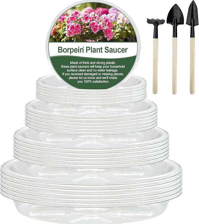 BORPEIN Plant Saucer (6,8,10,12inch, 24 Pack) Clear Plastic Plant Trays for Pots Indoors Outdoors, Thicker Flower Pot Saucers, Plant Plate to Catch Water