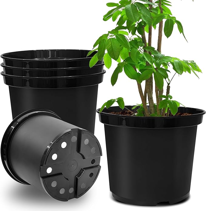 5 Gallon Pots for Plants, 12 Inch Plastic Nursery Pots with Drainage Holes, Round Sturdy Garden Pots for Outdoor Indoor Plants, Deep Nursery Plant Pots Planter, (5-Pack, Black)