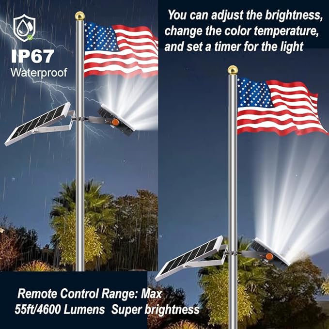 TINSUM Solar Flag Pole Lights Outdoor, Solar Powered Flagpole Lights Dimmable Lighting American Flag Coverage Bright LED Spotlight fit 2'' to 3'' Flagpoles Mount for Commercial,Garden,Boat,Fence,Barn