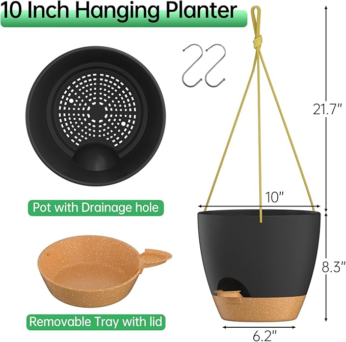 ZMTECH 10 Inch Hanging Planters for Indoor Outdoor Plants, 2 Pack Self Watering Hanging Plant Pots with Drainage Holes and Removable Saucer, Plastic Flower Hanging Pots with Watering Lip (Black)