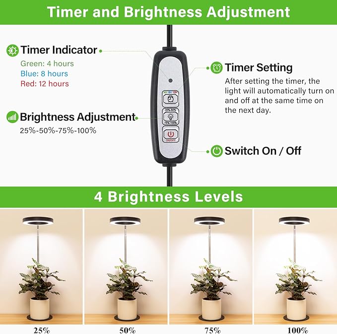 LORDEM Grow Light, LED Plant Light for Indoor Plants Growing, Full Spectrum Desk Growth Lamp with Automatic Timer for 4H/8H/12H, 4 Dimmable Levels, Height Adjustable 9.8"-30.6", 2 Packs of Black