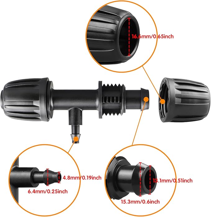 Drip Irrigation Fittings Kit for 1/2 Inch Tubing, 20 Pcs Set 1/2'' Drip Line Anti-Drop Barbed Locked Nut Connectors - 4 Tees,3 Valves,4 Reducing Tee,3 Reducing Tee 6 Way Connectors,4 End Caps,2 Elbows