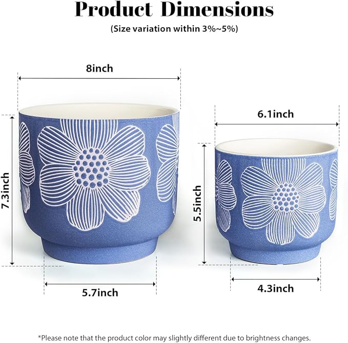 YBX 8 Inch + 6 Inch White Flower Pattern Plant Pots, Sand Glazed Ceramic Planter with Drainage Hole, Flower Pots for Indoor Plants, Blue