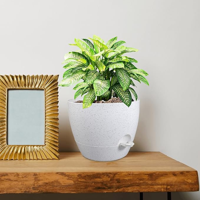 10 inch Self Watering Pots, Planter, Plant Pots with Mesh Drainage Holes for Indoor Outdoor House Plants and Garden, Set of 2 Plastic Flower Pots with Deep Reservoir, Speckled White