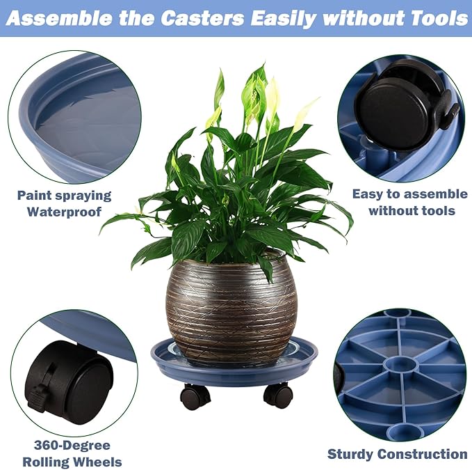 6 Packs Plastic Plant Caddy with Wheels 12" Plastic Rolling Plant Stands Heavy-duty Plant Dolly with Casters Indoor and Outdoor Plant Roller Base Wheels, Blue