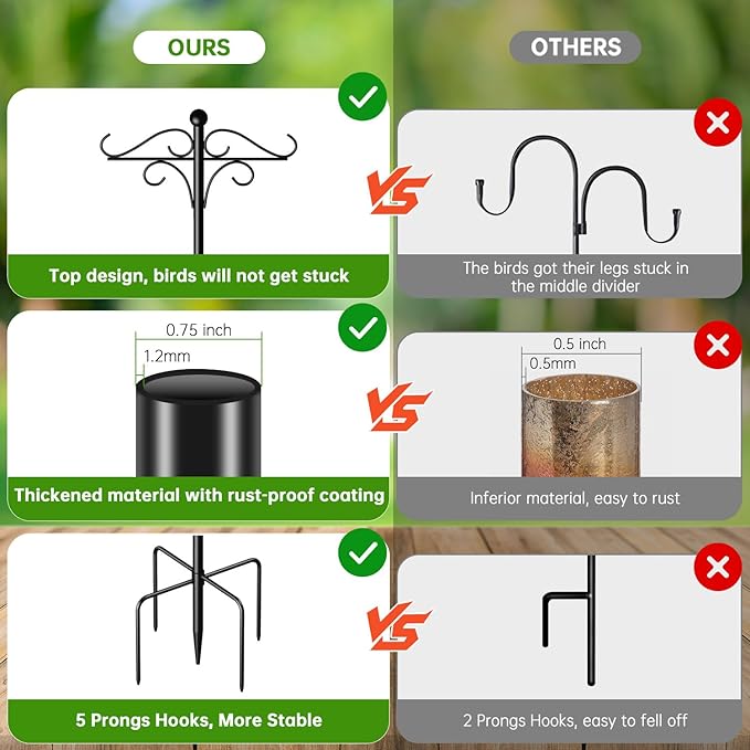 Shepherds Hooks for Outdoor, 2 Pack 108 Inch Heavy Duty Bird Feeder Pole with 5 Prongs Base, Adjustable Shepherds Hook for Hanging Birdhouses, Lanterns, Plant Baskets, Wind Chimes