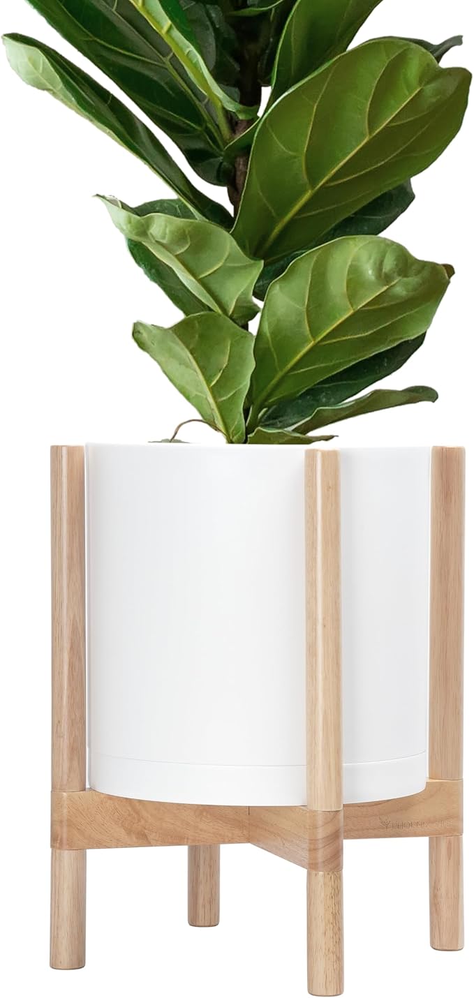 D'vine Dev Planter Pot with Stand - 12 Inch Plastic Cylinder Flower Pot with Wood Planter Holder for Indoor, Matte White Pot + Natural Stand, 55-C-P-1