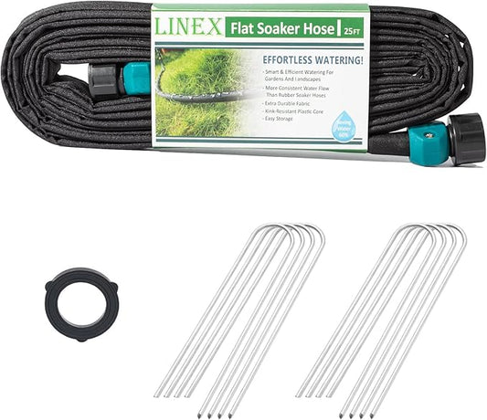 LINEX Garden Flat Soaker Hose 1/2" x 25 ft with Stake for Garden Beds Drip Sprinkler Hoses Heavy Duty Save Water 80%