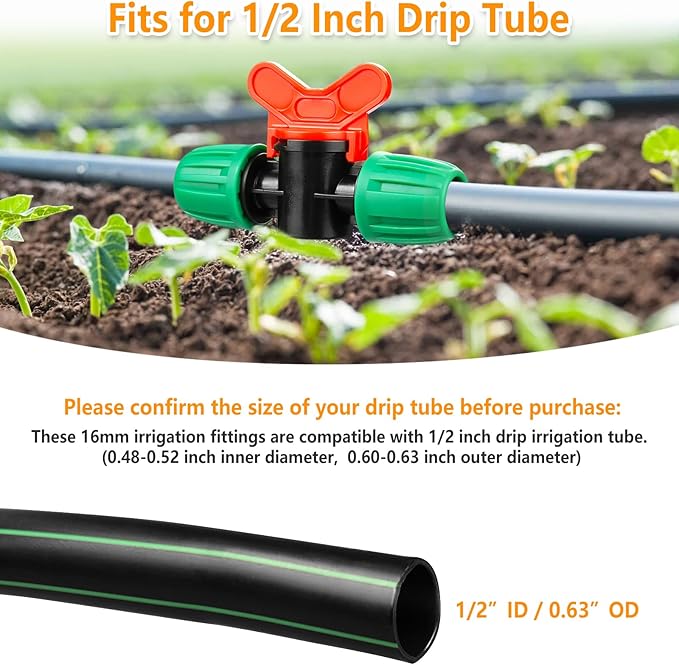 Drip Irrigation Fittings for 1/2 Inch Tubing(0.6-0.63" OD), 21 Pcs Set 1/2" Drip Line Parts Barbed Locked Nut Connectors - 5 Couplings, 5 Tees, 4 End Cap, 3 Reducing Tees, 2 Switch Valves, 2 Elbows