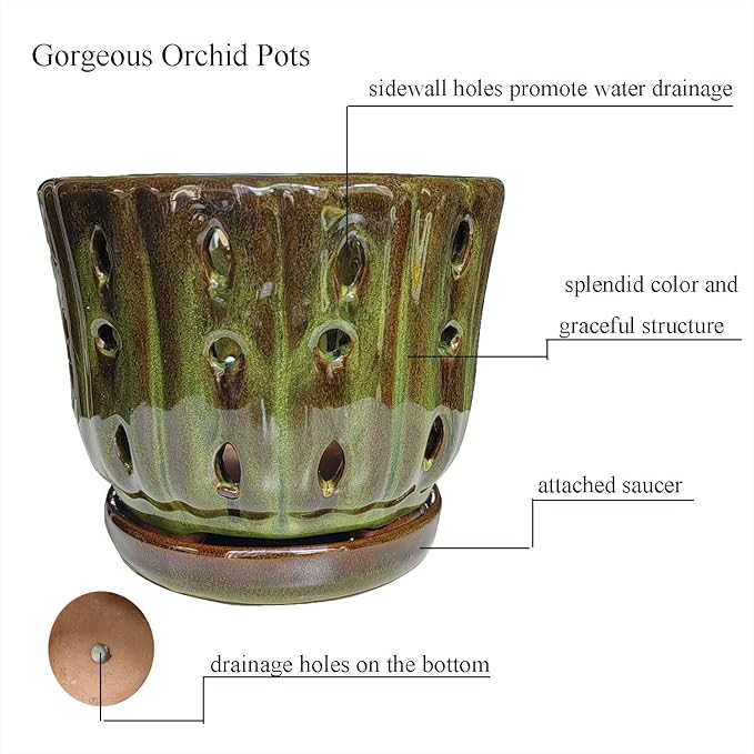 Ceramic Orchid Pots with Attached Saucer and Drainage Hole 6'' Orchid Planter (mossgreen)