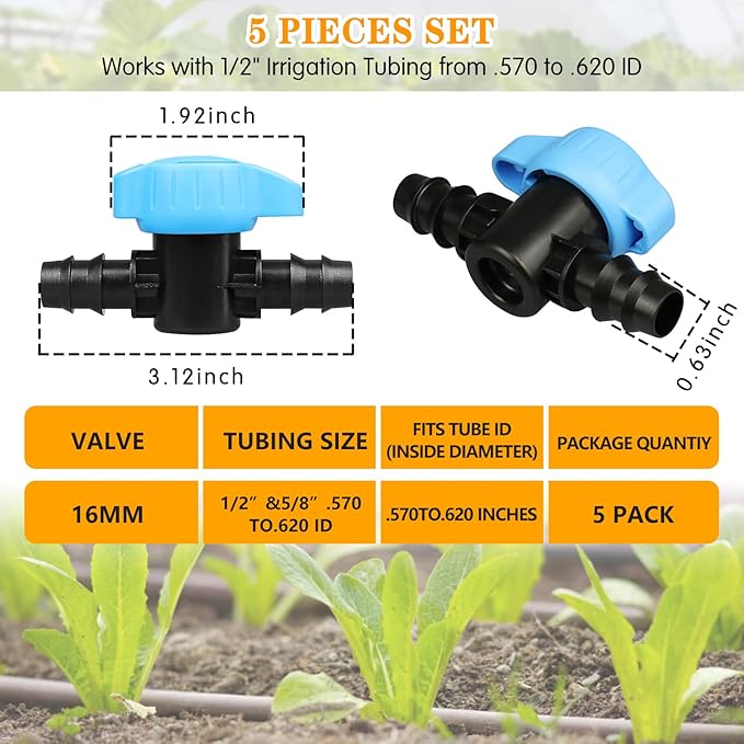 5 Pack 1/2 Inch Drip Irrigation Valve: 1/2 in. in-Line Shut Off Valves for 1/2 Inch Drip Irrigation Tubing (.570-.620" ID) Barbed Cut Off Switch Valve for Garden Irrigation System