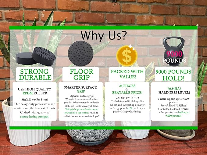 24 Pack Invisible Pot Feet with Enhanced Non-Slip Surface Grip Plant Pots and Flowers, Solid Rubber Pots Risers, Pot Lifters for Indoor or Outdoor Planters