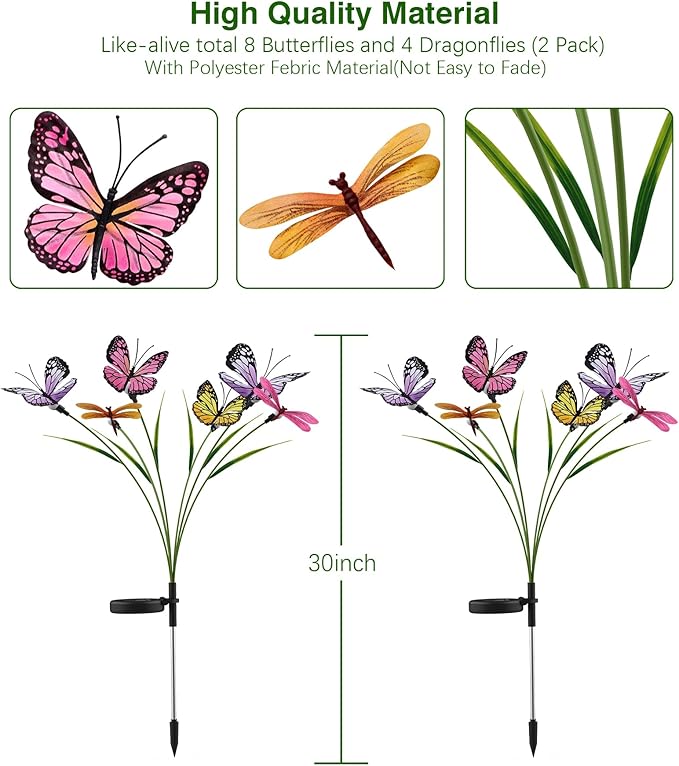 Aiscool Solar Garden Lights, Swaying Dance Butterfly Light Outside, Solar Outdoor Lights,Yard Patio Pathway Lawn Summer Decoration,Realistic Butterflies & Dragonflies(2 Pack)
