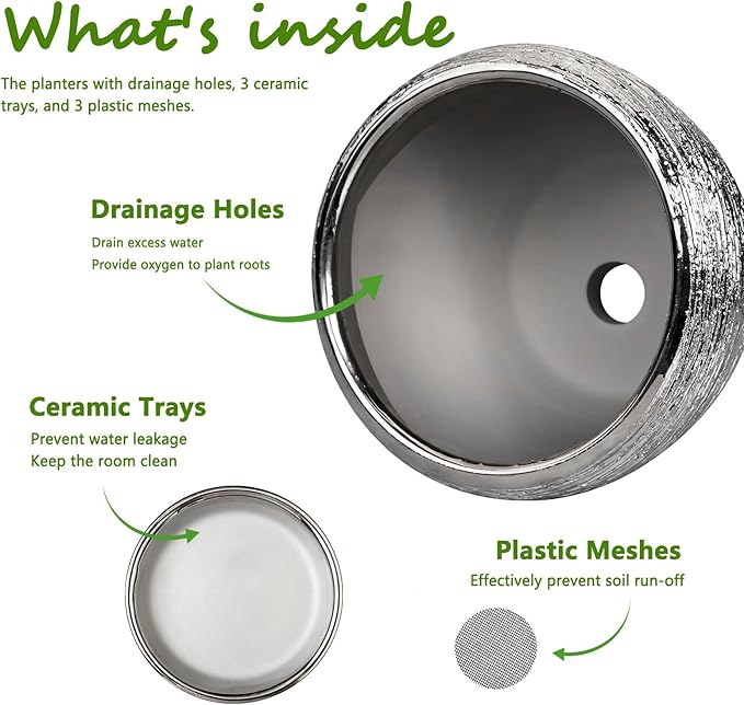 Ceramic Planters - 10 Inch 8 Inch 6 Inch Plant Pots Indoor with Drainage Holes and Saucer Mid-Century Large Planters Outdoor Flower Pots for Home Decor Set of 3 Silver