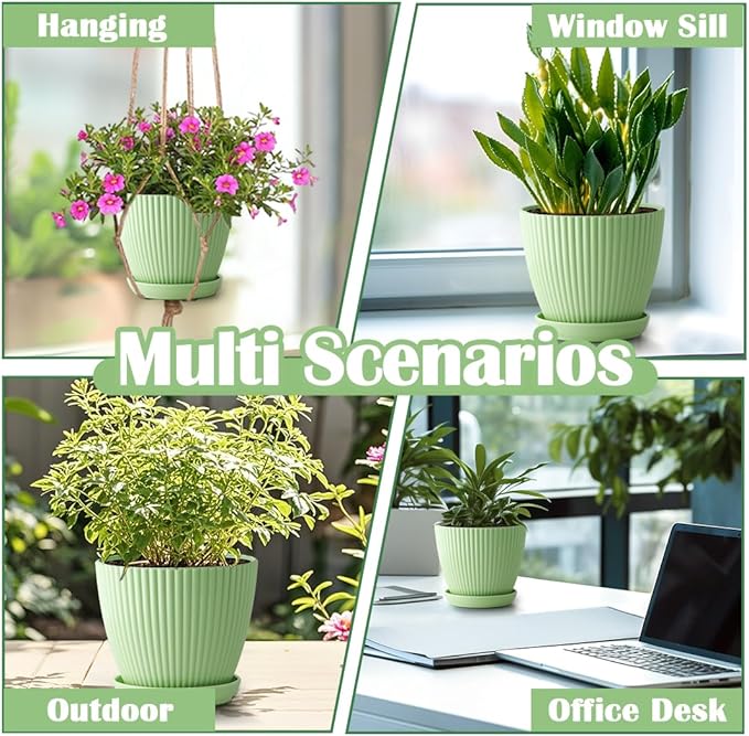 Plant Pots with Drainage Holes and Tray Saucer 7.5/6.5/5.5/4.9/4.2/3.5 Inches Flower Pots - 6 Pack Thick and Sturdy Planters for Indoor Plants Such As Orchid, Succulent and Herbs, Green