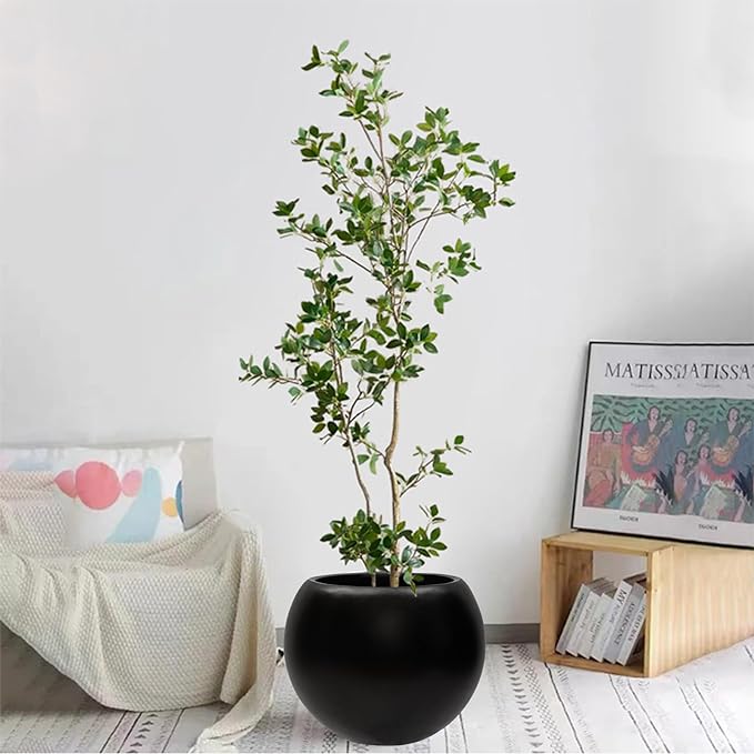 13.5 H x 17" Dia (12" Pot Opening) Black Round Fiberstone Planter with Drainage Hole, Indoor/Outdoor Large Plant Pot for Home Patio Garden, Ideal for Large Plants