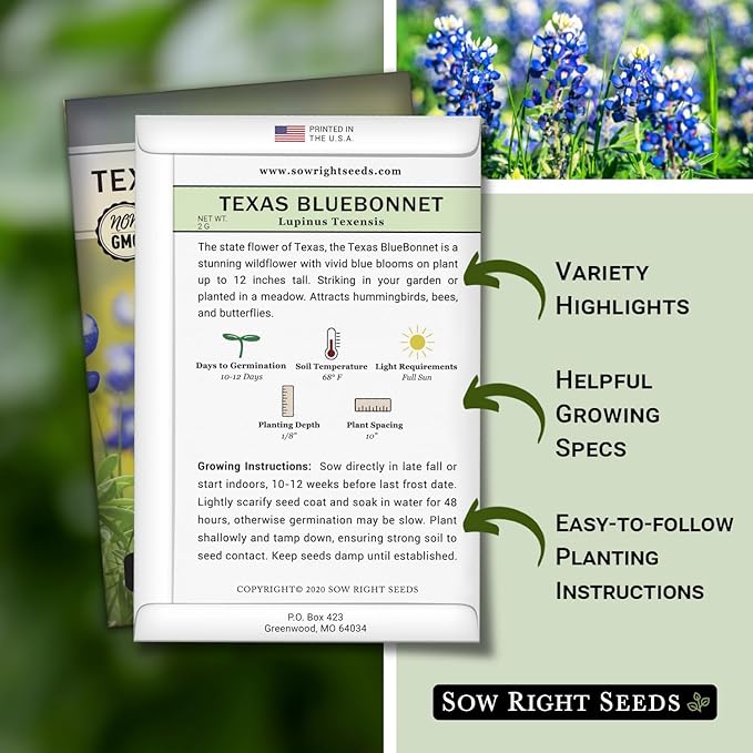 Sow Right Seeds - Texas Bluebonnet Seeds to Plant - Non-GMO Heirloom Seeds -Full Instructions for Planting - Beautiful Perennial Blue Blooms -Sweet Addition to Your Yard (3)
