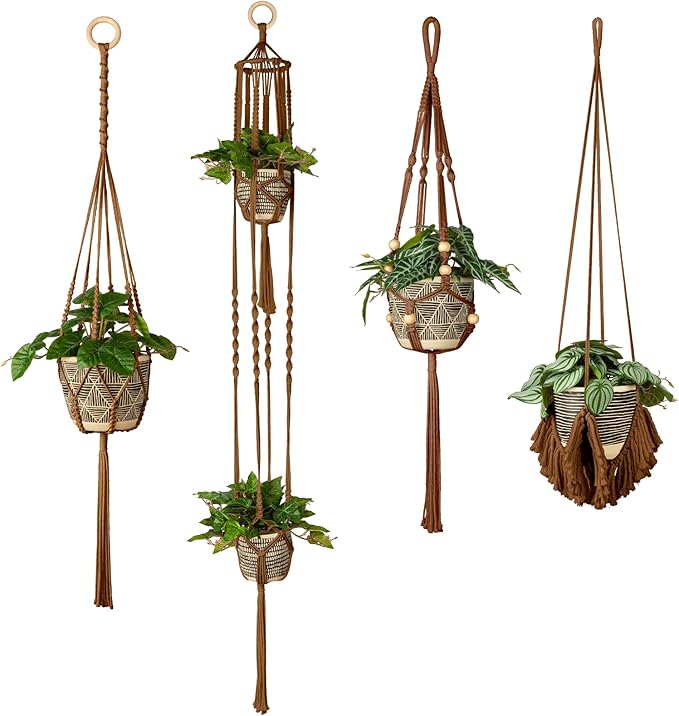 ANROYE Macrame Plant Hanger for Indoor Set of 4, Bohemian Hanging Planter with Tassels for Flower Pot, Boho Decorative Houseplant Rope Holder for Home Decor Bedroom Window Farmhouse