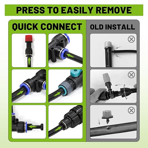 Garden Drip Irrigation Kit, 100ft Black Hose, 360° Pure Copper Closeable Nozzle, Patio Misting Plant Watering Sprinkler, Faucet Separator, Sprinkler Hose Adapter (24 360° nozzles + 24 T-connectors)