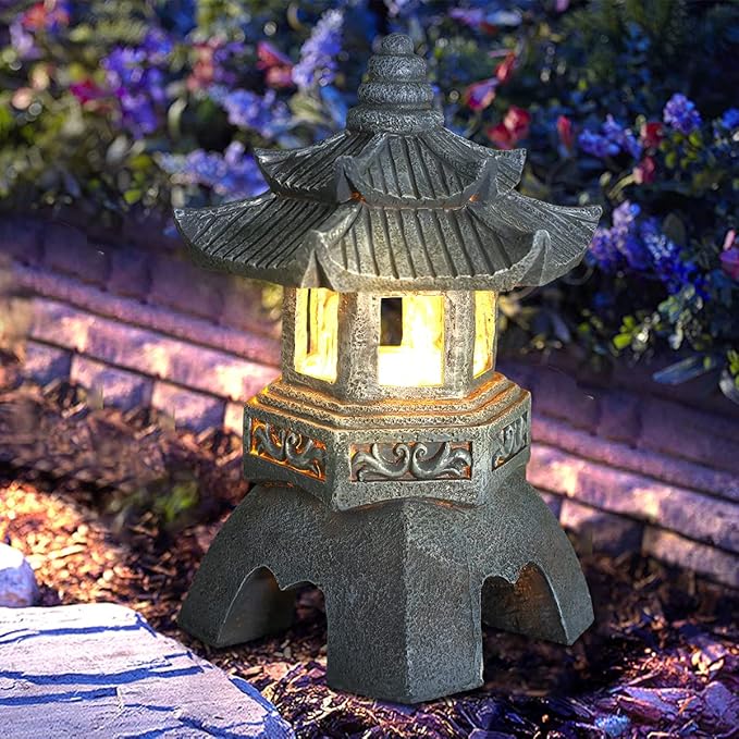 Zen Solar Pagoda Lantern Garden Statue, Indoor/Outdoor Zen Asian Decor for Landscape Balcony, Garden, Patio, Porch Yard Art Ornament