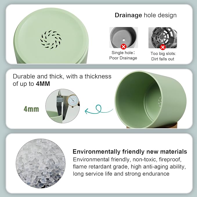 3 Pack 6/5/4 inch Cylindrical Flower Pots, Modern Small Round Plastic Plant Pots with Drainage Holes & Saucers, Clean and Refined Planter Pots for Outdoor, Indoor & Office Decor (Green Brown)